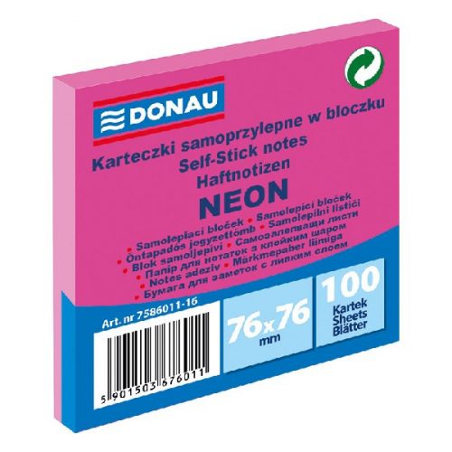 Öntapadó jegyzettömb DONAU 76x76 mm 100 lap neon rózsaszín